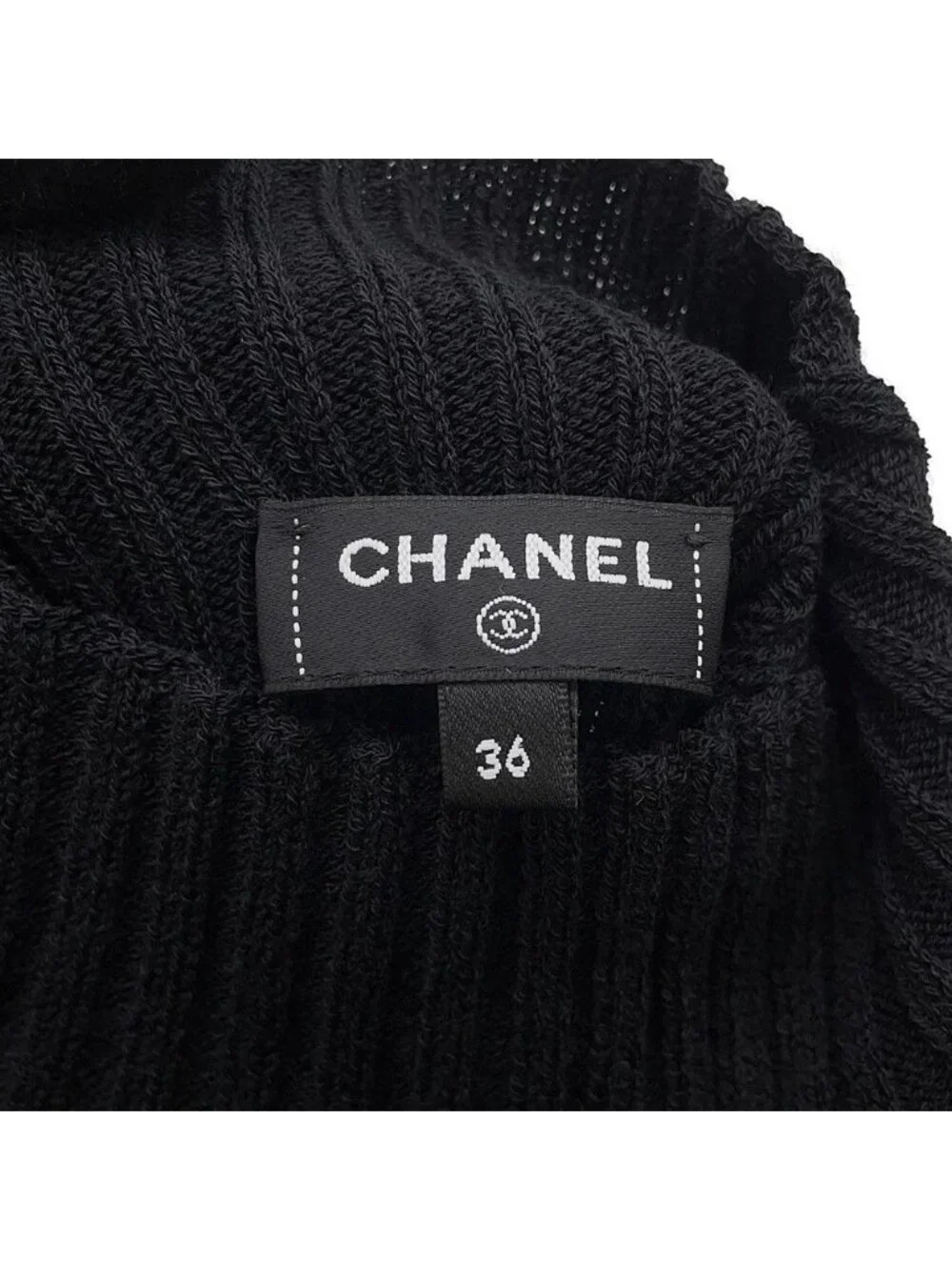 Chanel Dress Knit Long CC Logo Virgin Wool Sleeve Black